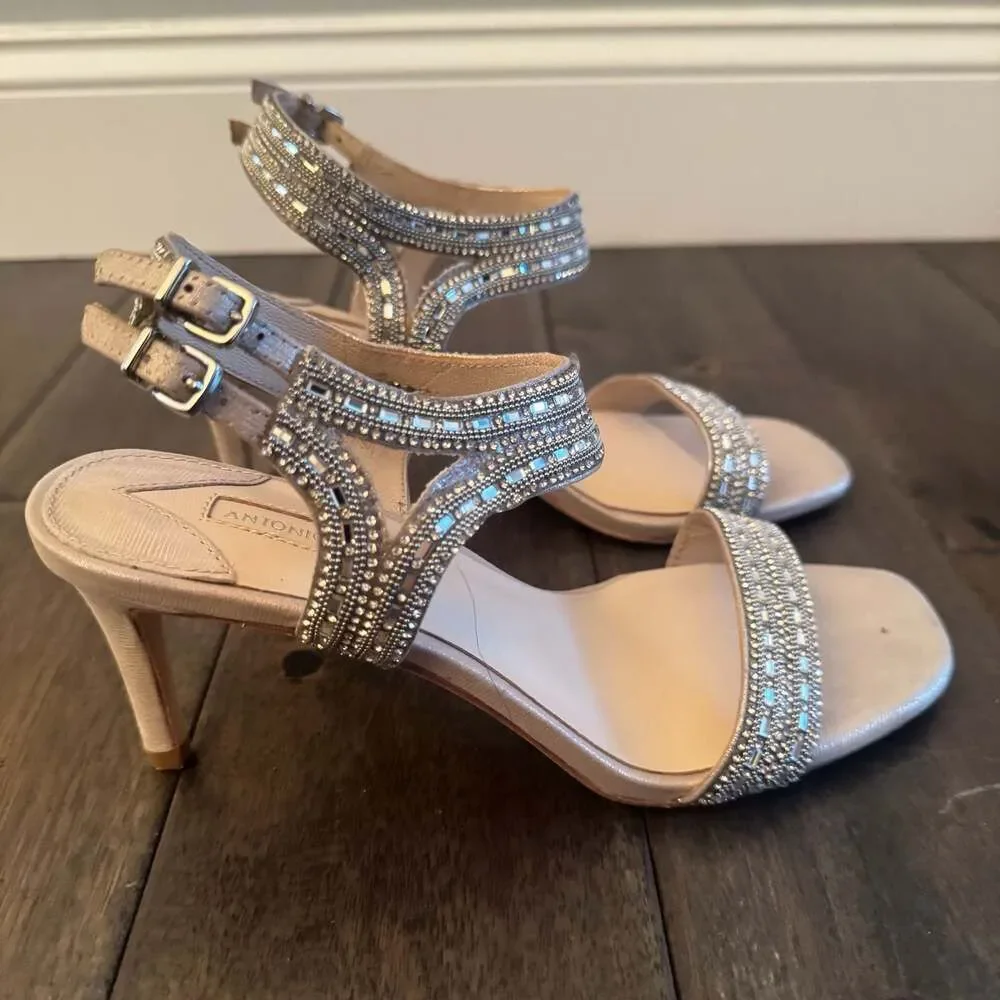 Antonio Melani Embellished Rhinestone Ankle Strap Kitten Heel Sandals 8